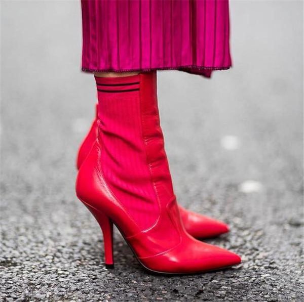 

boots fashion designer socks women ankle booties pointed toe patchwork slim heels stretchy botas week party woman, Black