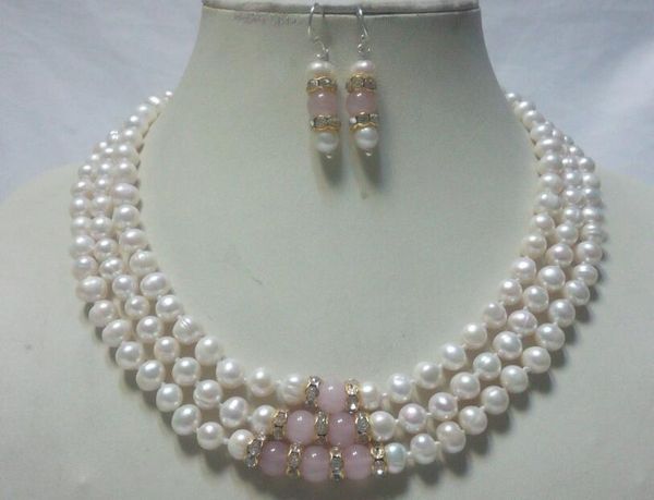 

earrings & necklace 3row freshwater pearl red coral black purple pink set, Silver
