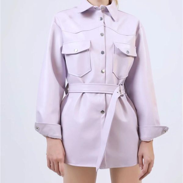 

women's jackets merodi fad women stylish faux leather purple long with belt chic lady single breasted slim outwear coat femme, Black;brown