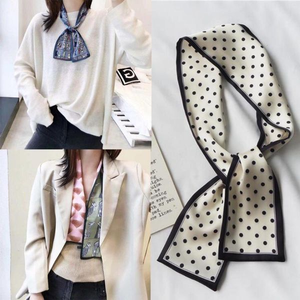 

scarves skinny silk scarf 2021 design bag for women plaid dot chain head long handle wraps, Blue;gray