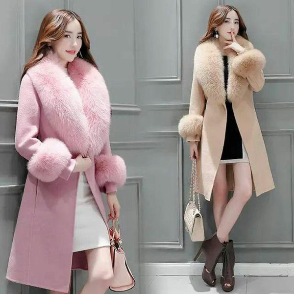 

women's wool & blends elegant fashion long coat collar detachable fur blend and jacket solid women coats autumn winter, Black