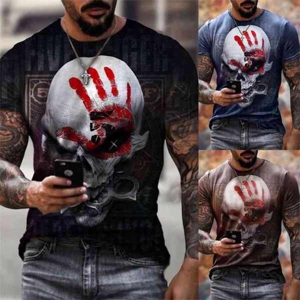 Herren T-Shirt Plissee Slim O-Ausschnitt Kurzarm Muscle Skull Flag Print Casual Top Shirt Sommer Basic T-Shirt Neu 210324