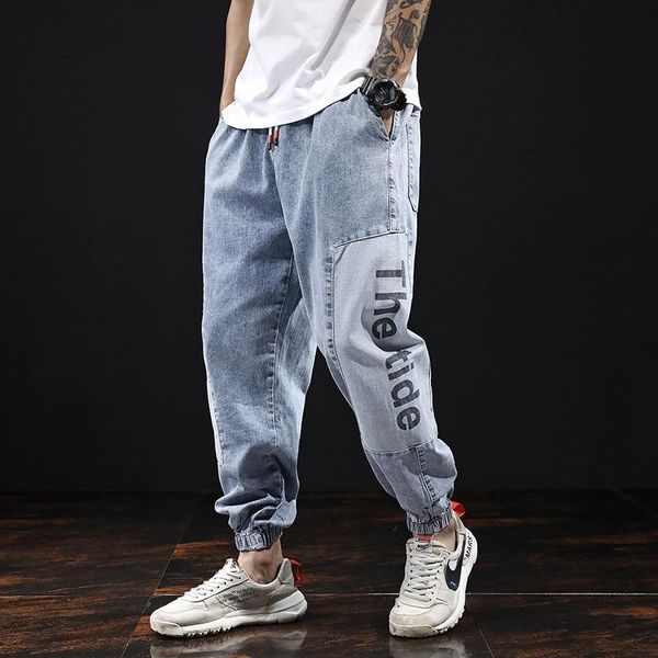 

wholesale denim jeans men's spring autumn thin drawstring loose stitching stretch printing light color teenagers harlan pants, Blue