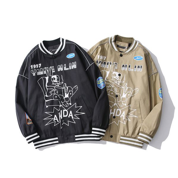 

fashion trench coat men's street loose hip hop print cardigan baseball jacket windbreaker autumn winter, Tan;black