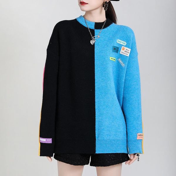 

spring stitching sweater versatile contrast color lazy loose knit female womens sweaters women's, White;black
