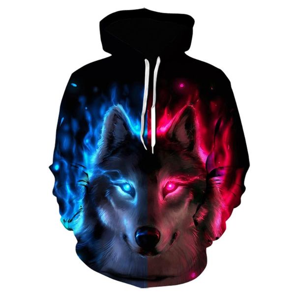 

men's hoodies & sweatshirts personality magic color wolf printed autumn winter 3d hoodie men clothing animal streetwear, Black