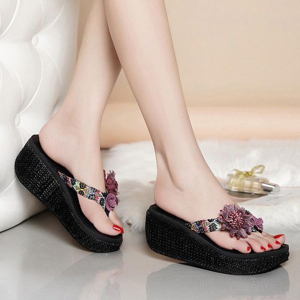 

women slippers fashion summer outdoor beach flip flops soft platform shoes woman indoor home flowers wedges slides, Black