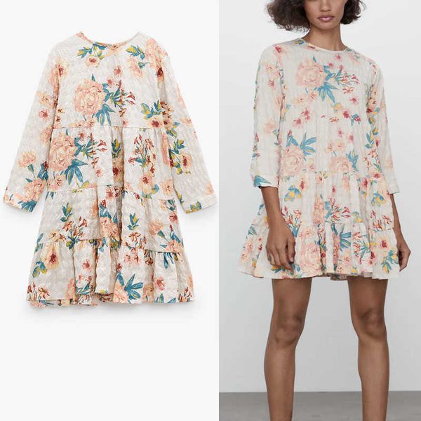 

za floral print mini summer dress women elegant long sleeve o neck party dresses woman flounced hem vintage pleated vestido 210602, Black;gray