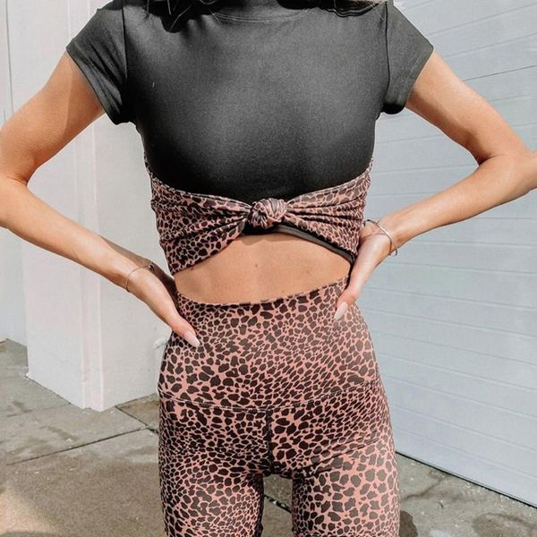 

leopard printed woman sets bodycon bodysuits 2021 spring women shorts sleeve o neck skinny bodysuit shortsjumpsuits#0428g30 women's tra, Gray
