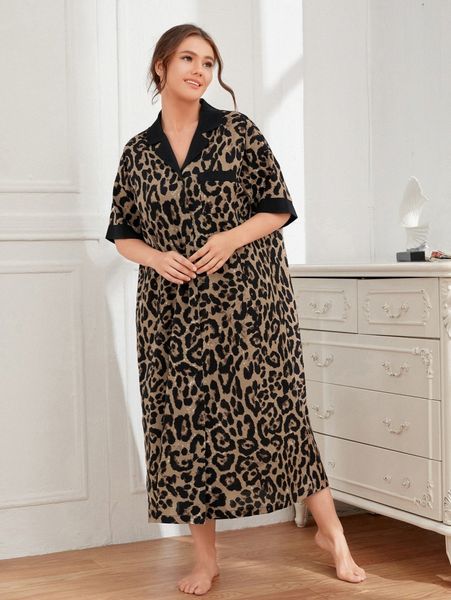 

plus leopard contrast trim patched pocket sleep dress a7pu#, Black;white