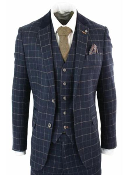 

men's suits & blazers 2021 handsome mens 3 piece navy tweed suit blue herringbone check vintage retro classic traje hombre, White;black
