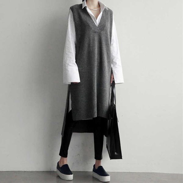 

women's sweaters spring autumn knitted vest solid v neck ladies casual waistcoat thick split sleeveless vests for female 2rh3, White;black