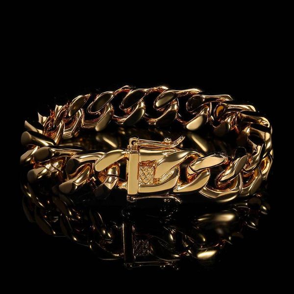 

factory wholesale hip hop stainless steel 10mm four side grinding cuban chain electroplated 18k gold ordinary buckle cut hiphop bracelet pop