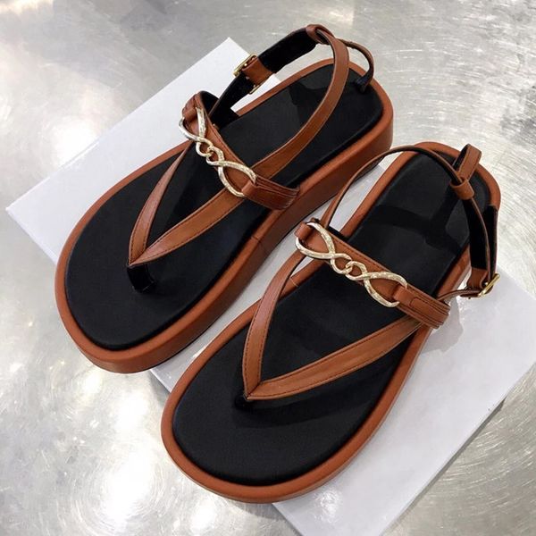 Sandali Roma con piattaforma piatta e clip da donna Cinturino alla caviglia con catena dorata Scarpe da spiaggia Infradito Vera pelle Suola spessa Scarpe estive Donna