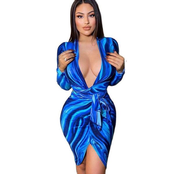 

casual dresses women's fashion printed v-neck long sleeve slim dress 2021, Black;gray