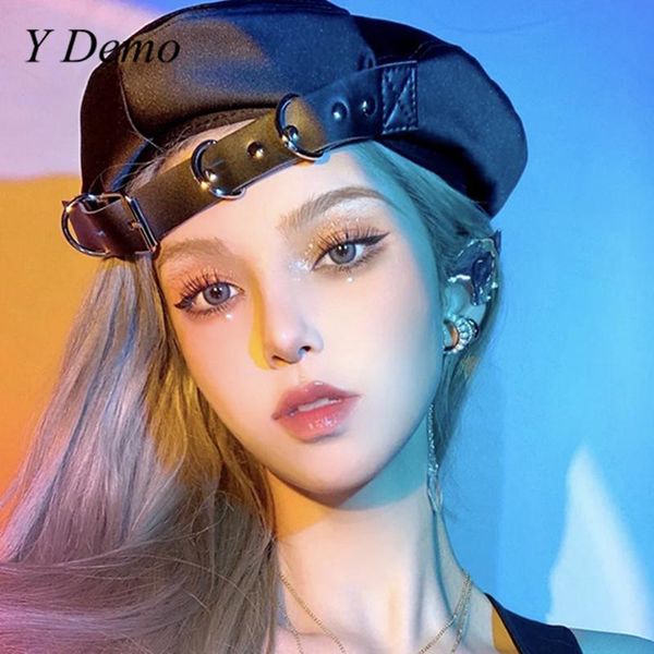 

berets y demo harajuku punk pu leather buckle strap black beret women casual streetwear ainter hat rock grunge, Blue;gray