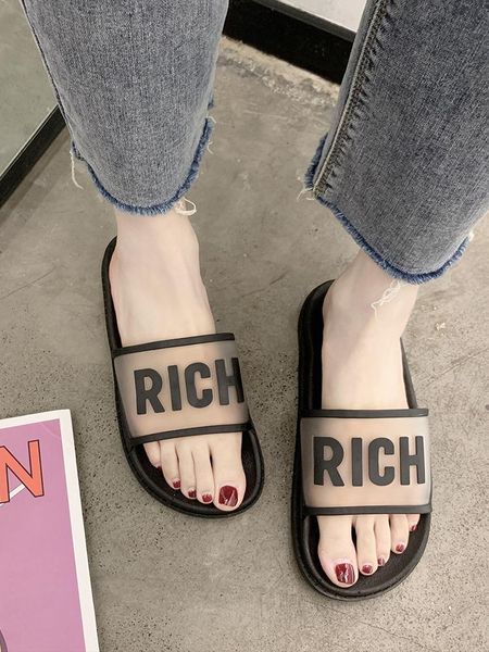 

women summer slippers shoes woman 2021 transparent peep toe flip flops clear outdoor flat beach slides, Black