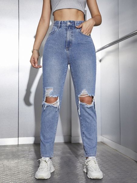 

high waist ripped jeans t9sb#, Blue