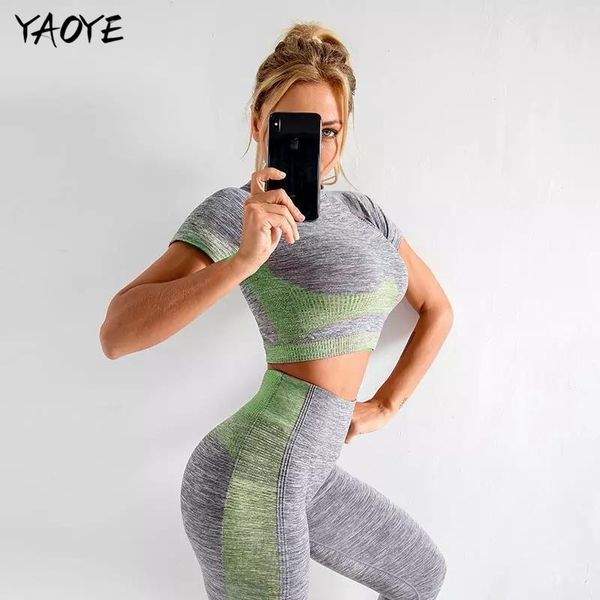 

yoga outfit yaoye 2pcs short sleeve crop + high waist leggings women set workout sportswear gym clothing fitness sports suits