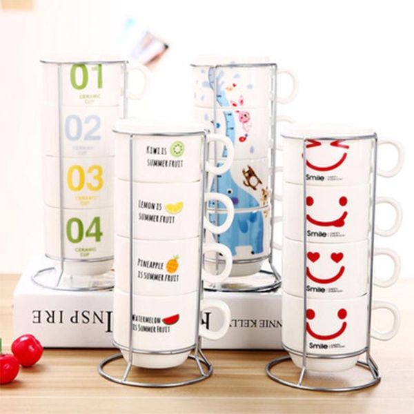 

mugs ceramic cup set water stacked coffee with iron frame milk tower cartoon mug tea