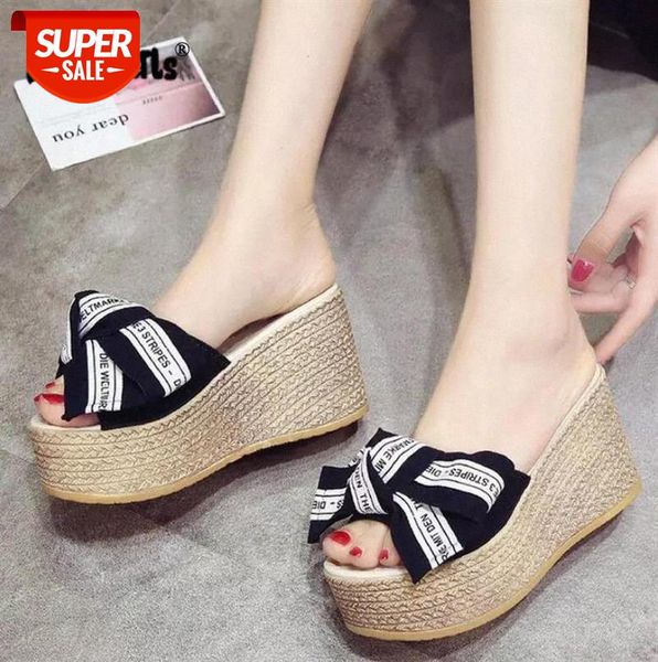 

platform wedge slippers women outside shoes clog riband butterfly-knot sandals girls flip flop slides drop shipping #560a, Black
