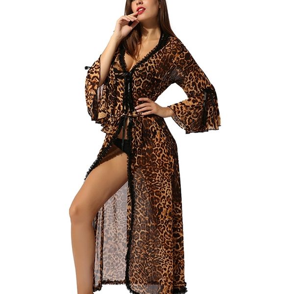 Mulheres Leopard Imprimir camisola de mangas compridas V Nightwear Nightwear Wraparound Abra a cintura dianteira cinta casual vestido robe 210831