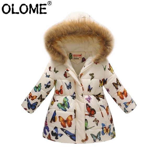 OLOME Fashion Girls Puffer Jacket Inverno Bambini Cappotto Cappuccio di pelliccia Abbigliamento per bambini Bambino con cappuccio Floreale Infant Outwear 211027