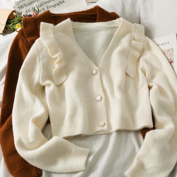 

women's knits & tees elegant ruffled three-button short knitted sweater women cardigans 2021 slim long-sleeved warm soft femalesweater, White