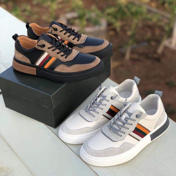 

leather splice contrast color men's casual shoes stripes design lace-up flat shoes soft and comfortable rubber outsole antiskid men&#03, Black