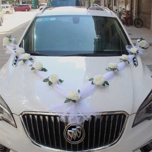 DIY rosa branca flor artificial para casamento carro decoração porta punho fitas de seda festão com presentes de tule conjunto 211023