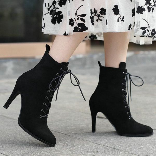 

boots black beige women ankle faux suede thin high heel short ladies cross tied pointed toe autumn winter shoes