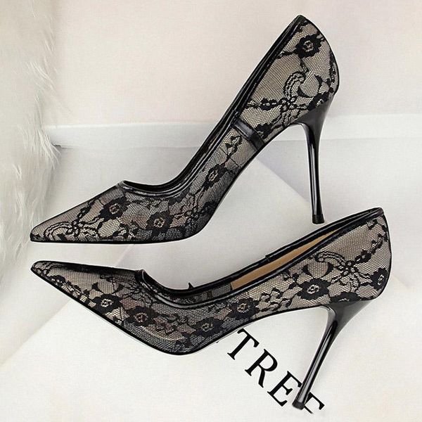 

dress shoes mesh hollow lace woman pumps 2021 spring women heels party thin stiletto 6 colour, Black