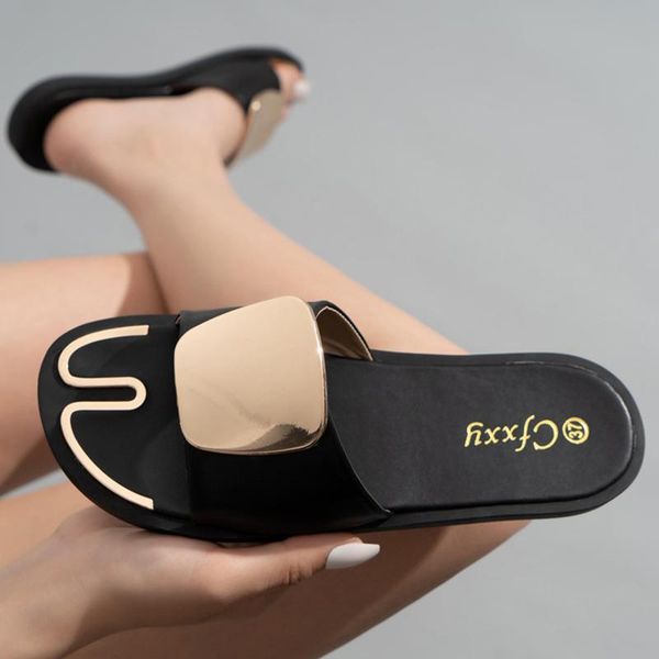 

slippers women casual outside summer flip-flops flip flops for home metal decoration flats rubber slides, Black
