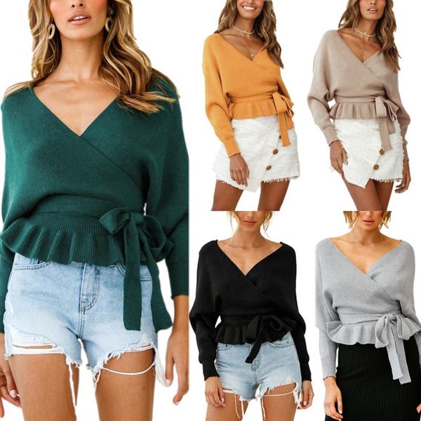

women's knits & tees 2021 solid color v-neck bow knot long-sleeved knit sweater fashion loose backless ruffled hem casual pullover /f, White