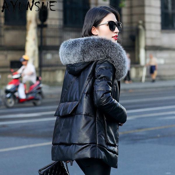 

winter down jacket women 100% sheepskin coat motorcycle real leather jackets fur collar clothes abrigo mujer women's & faux, Black