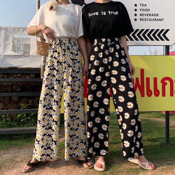 

daisy flower print elastic high waist baggy pants women harajuku casual boho wide leg pants streetwear korean fashion trousers 210319, Black;white