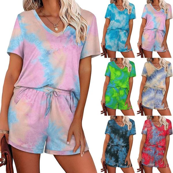 

yoga outfit 2021 women's tie-die print v-neck leisure suit short sleeve +shorts set