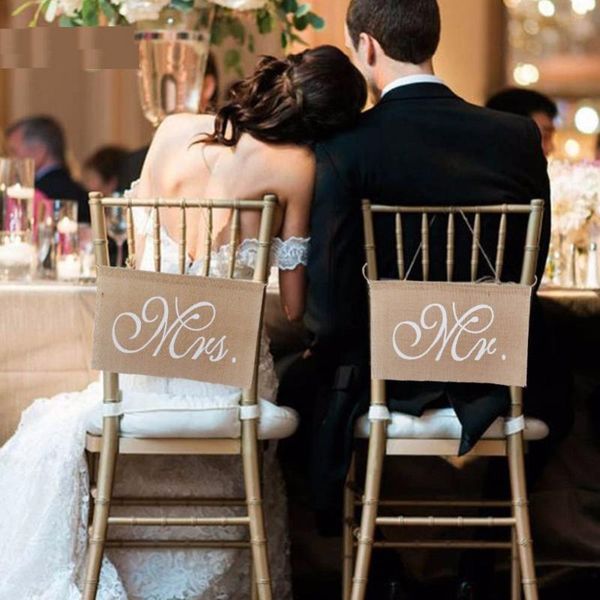 

chair covers 50sets/lot khaki mr. & mrs. burlap banner set sign garland rustic wedding party decoration