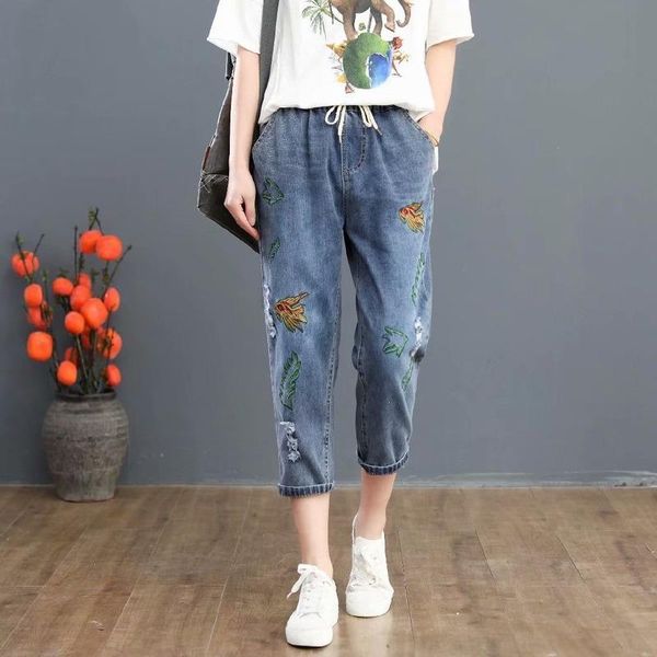 

women's jeans -3xl vintage embroidered blue slim 8/10 denim pants
