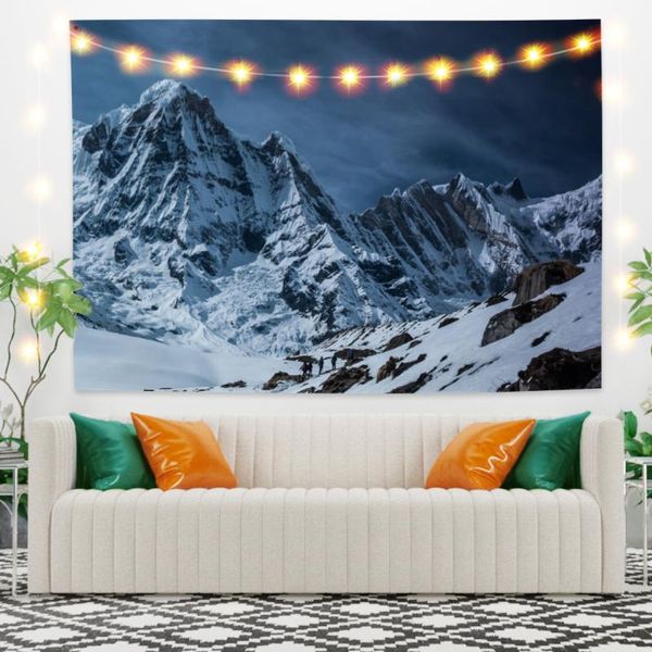 Arazzi Arazzo con paesaggio di montagna e neve blu, pianta estiva esotica vintage, cornice naturale per la decorazione della parete della camera da letto