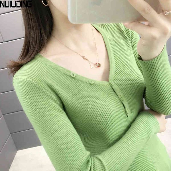 

women's bottoming shirt all-match slim knit sweater excellent long-sleeved v-neck button autumn pullover 210514, White;black