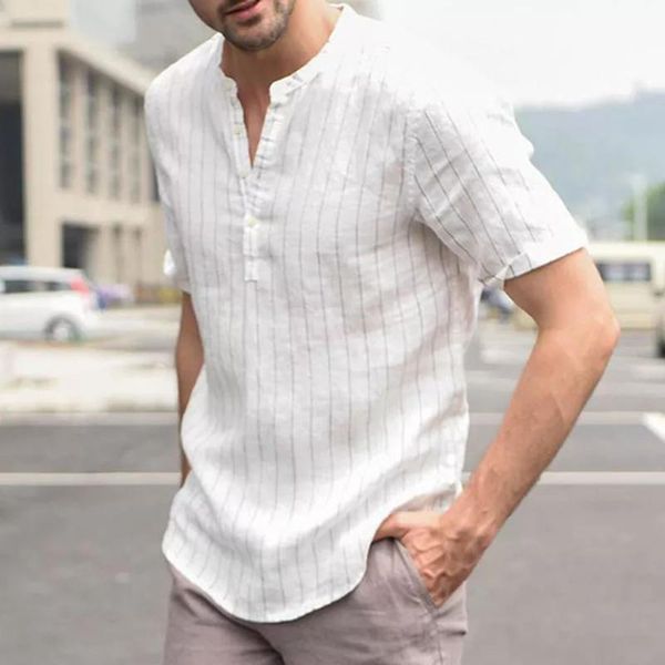 

men's casual shirts cotton linen stripe print short sleeve v-neck button summer daily blouse camisas de hombre 2021, White;black