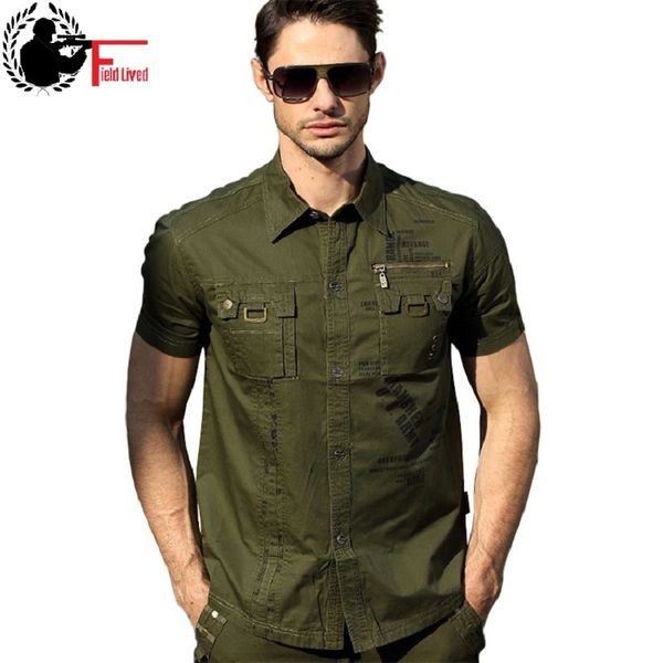 Camisa militar estilo estilo homens camisas táticas manga curta camisas colarinho americano uniforme militar roupa camisas verde 210518