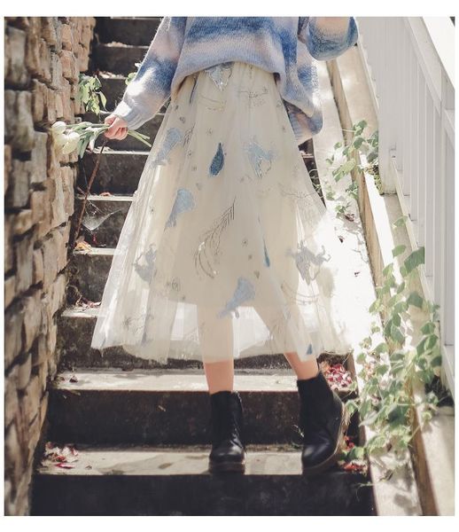 

skirts lace mesh floral print skirt 2021 spring korean style loose mid-length women, Black