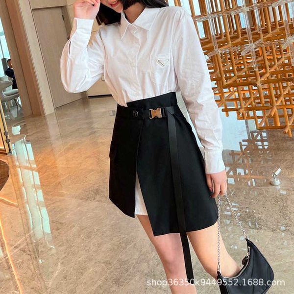 

autumn and winter 2021 p home triangle long sleeve shirt female + irregular belt high waist skirt fashion suit, Black