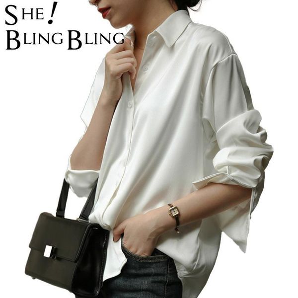 

women's blouses & shirts sheblingbling plus size women 2021 spring autumn turn down collar long sleeve button office lady satin shirt, White