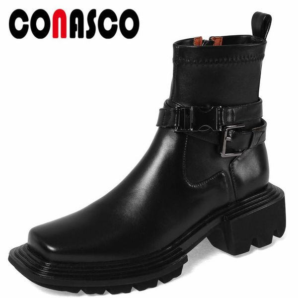 

boots conasco punk women ankle autumn winter warm cow leather party basic prom office belt buckle decoration shoes woman, Black
