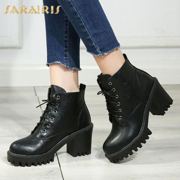 

boots sarairis 2021 big size 43 comfortable high heels autumn winter platform shoelace shoes woman motorcycles female1, Black