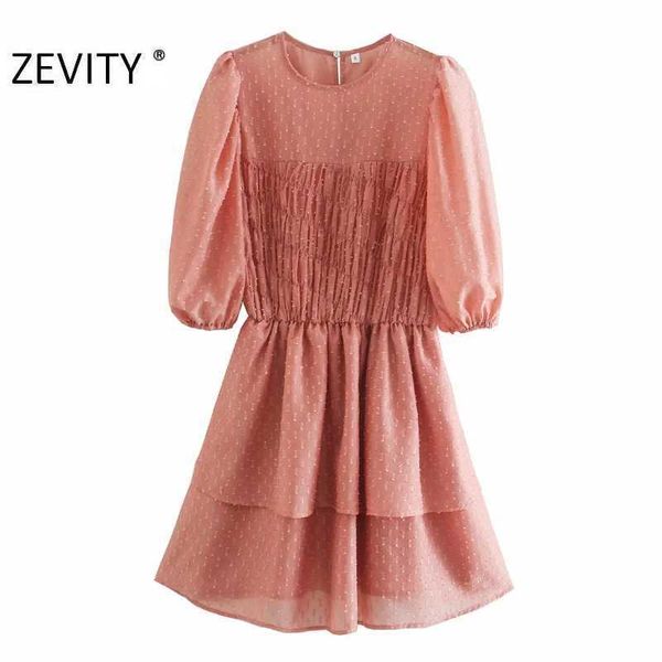 

zevity women sweet o neck puff sleeve chiffon dress female elastic double layer casual vestido chic ruffles dresses ds4509 210603, Black;gray