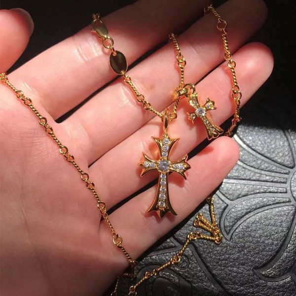 

luxury designer fashion croquet gold diamond cross women inlaid brand necklace couple bamboo chain, Red;brown